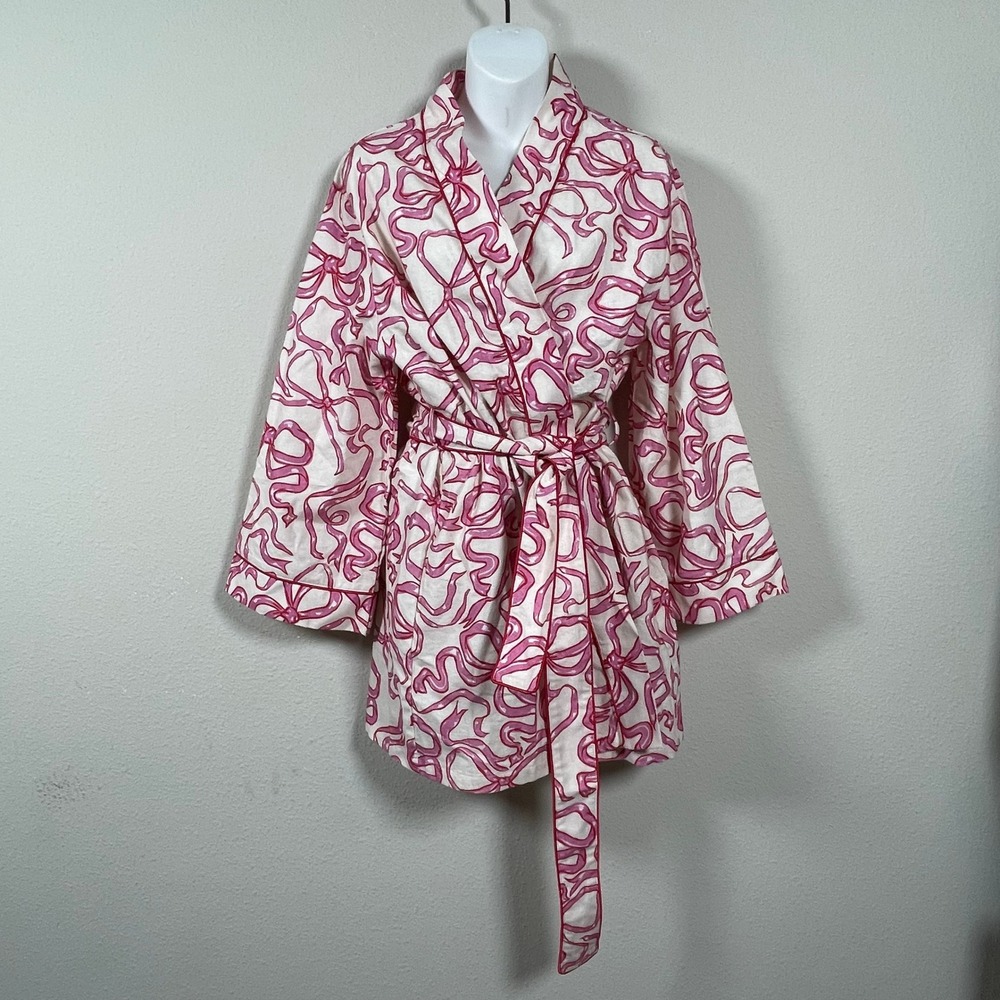 NWT Kilo Brava Robe Women S Pink‎ White Bow Print Short Wrap Lounge Whimsical